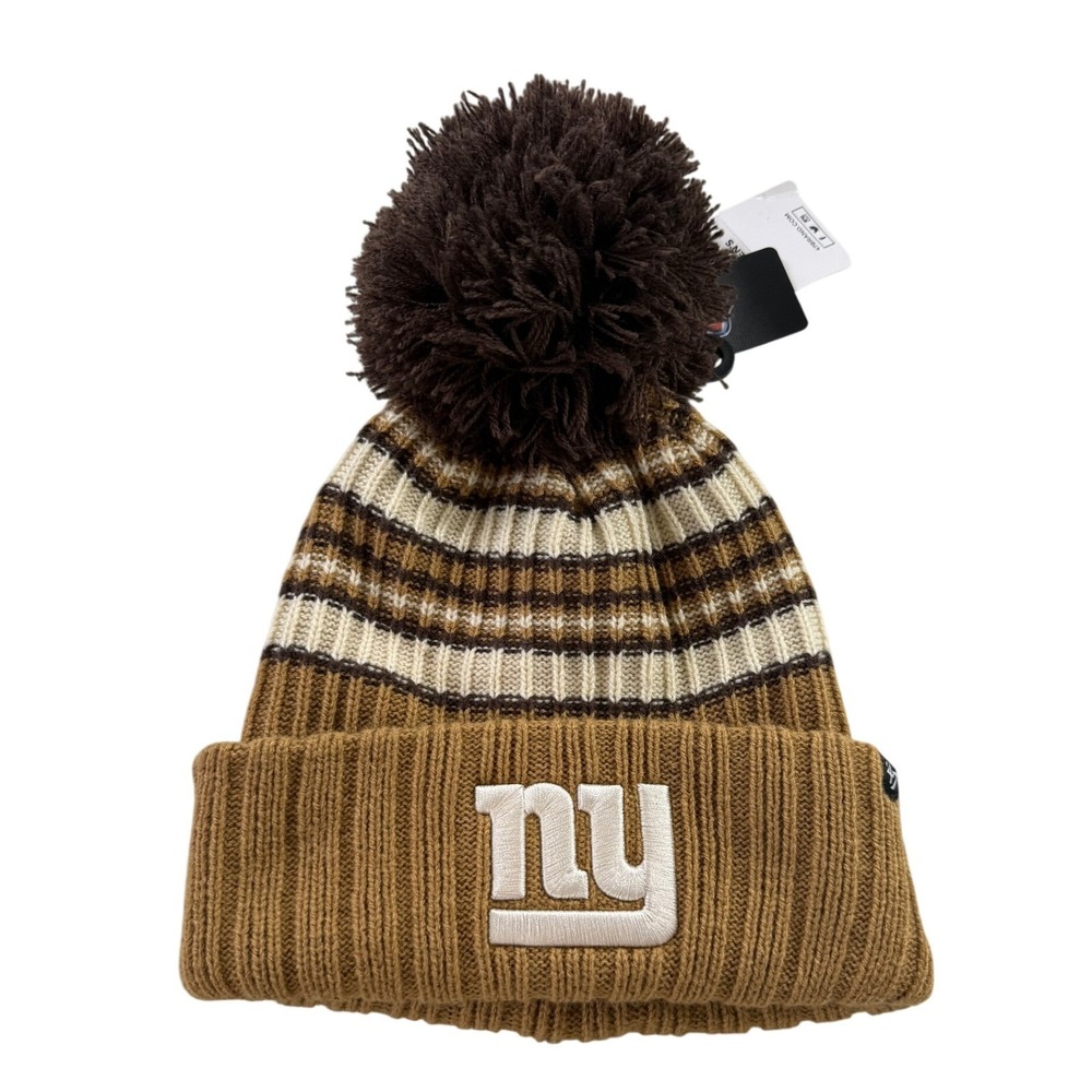 47 Brand NFL New York Giants Womens Cuffed Pom  Knit Beanie Tan Striped Hat NEW
